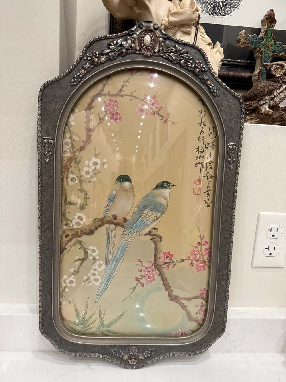 Vintage Asian Bird  Blossom Painting in Ornate Frame with curved glass